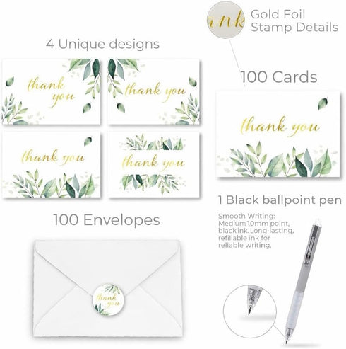 TORJO 100 Set Thank You Cards with Envelopes Includes Pen and Stickers Thank You Notes for Business, Clients, Weddings