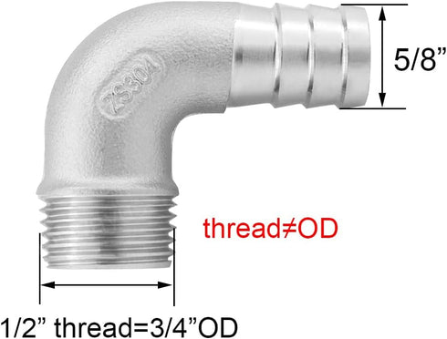 Joywayus Stainless Steel Hose Fitting, 90 Degree Elbow, 5/8" Barb x 1/2"NPT Male Pipe for Water/Fuel/Air