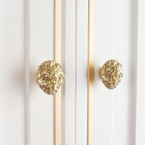 Wwxuanke Lion Door Knob, Brass Lion Head Knob, Creative Animal Knob for Wardrobe and Cabinet, 2 Pack Gold