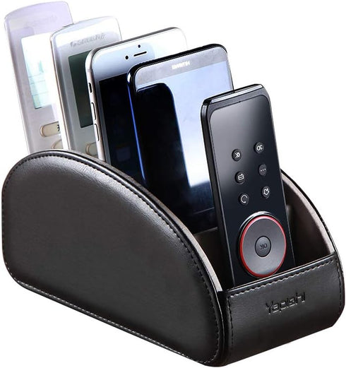 YAPISHI Large Leather TV Remote Control Holder Organizer, Black with 5 Compartments, Nightstand Desktop Media Storage