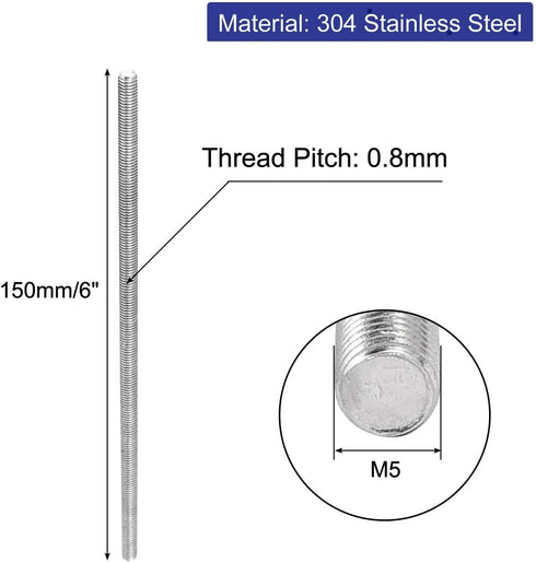 uxcell M5 x 150mm 304 Stainless Steel Fully Threaded Rod Bar Studs, 10 Pcs