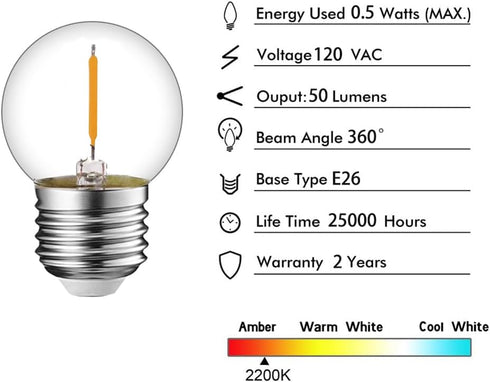 Tsunetani-G40/G12.5 LED Filament Mini Globe Light Bulbs 0.5W Equivalent to 5 Watt Incandescent - E26 Medium Base 2700K Warm White for Home Decorate 90Lumens - 2Pack (Clear Glass) by Tsunetani