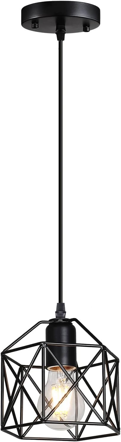 Generic Industrial Pendant Light, Black Metal Cage Hanging Fixture, E26 Socket, Adjustable Cord,