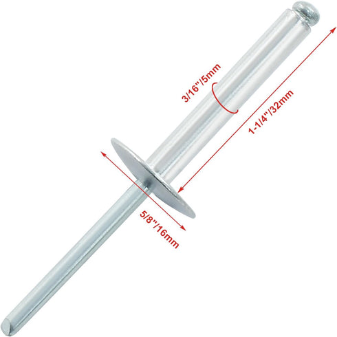 60 Pcs 3/16" x 1-1/4" Large Flange Aluminum Blind Rivets, Dome Head Pop Rivets for Installing Accessories