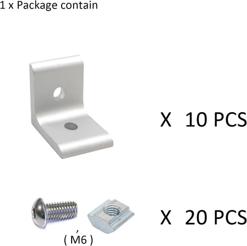 10Sets 10 Series 1" x 1" Aluminum Extrusion Profiles Corner 1010 Series Angle Bracket Connector with M6 T Slot Nuts Bolts for 1 Inch x 1 Inch Extruded Aluminium Profile Rail