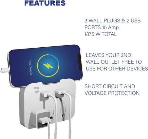 Tech2 3-Outlet Surge Protector Power Strip with 2 USB Charging Ports, ETL Certified for Home, School, or Office