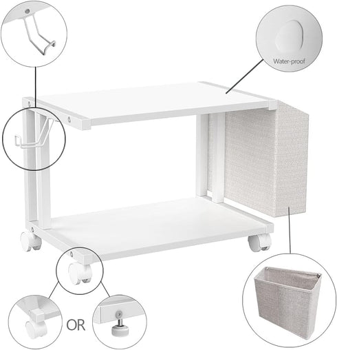 VEDECASA 2 Tier Modern White Wooden Under Desk Printer Stand with Storage Bag for Home Office