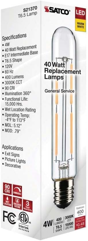 Satco 23170-4T6.5/LED/CL/930/120V/E17 Tubular Intermediate Screw Base Exit Light Bulb