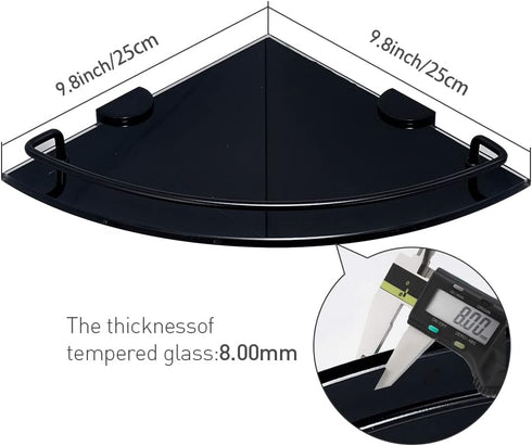 WAKLOND 8MM 304 (1Pack) Black Glass Corner Shower Shelves for Bathroom, Thick Tempered Glass Floating Shelves for Wall