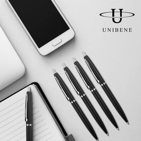 Unibene 6 Pack Black & Silver Click Ballpoint Pens - 1.0mm Medium Point Black Ink with 6 Stainless Steel Refills