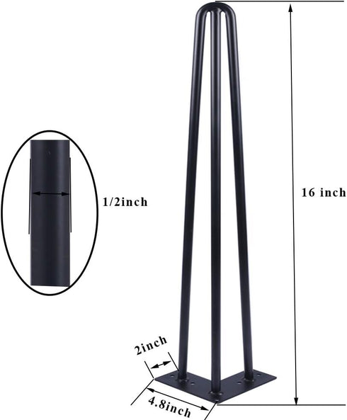Osring 16 Inch 1/2 3-Rods, 4 Pack Hairpin Table Legs with Dia Metal Furniture Legs for Coffee Table and TV Stand