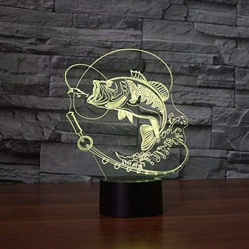 Jinnwell 3D 7 Fishing Fish Night Light Lamp Illusion Night Light Color Changing Touch Switch Table Desk Decoration