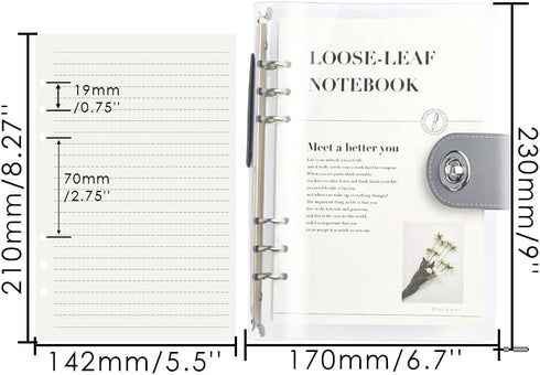 Clear A5 Refillable Notebook Binder with 90 Sheets Lined Paper Silver 6-Ring Soft Transparent PVC Binder Cover Protector Shell Loose Leaf Journal Folders with PU Leather Lock Catch Closure by MEI YI TIAN