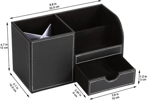 KINGFOM Desk Organizer Office Supplies Caddy Pu Leather Multi-function Storage Box Pen/Pencil,Cell phone, Business Name Cards Remote Control Holder with Small Drawer Black by KINGFOM
