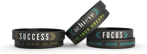 Inkstone 6-Pack Motivational Silicone Wristbands - Success, Achieve, Focus - Adult Unisex Size for Men Women