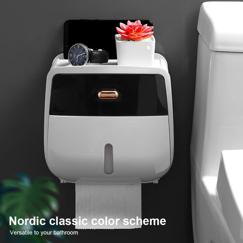 homfanseec Toilet Paper Holder Wall Mount, Self Adhesive Paper Towels Holder with Drawer and Shelf Watertight Tissue
