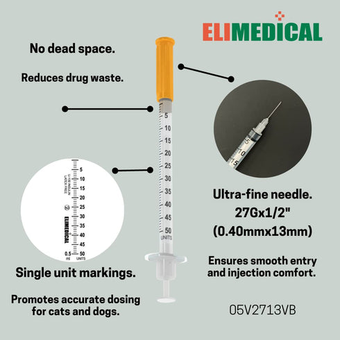 Veterinary Insulin Syringe U-100, 0.5cc (0.5ml), 27g x 1/2 inch, Individually Packed, for Pet Cat or Dog, 100 per Box
