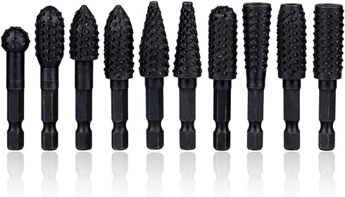 Mesee 10 Pieces Rotary Burr Rasp Set, 1/4 Inch Hex Shank Quick Change Wood Carving Drill Bits