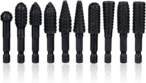 Mesee 10 Pieces Rotary Burr Rasp Set, 1/4 Inch Hex Shank Quick Change Wood Carving Drill Bits