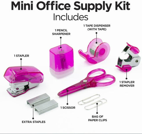 LD Products Pink Mini Office Supply Kit, Portable Case with Scissors, Tape Dispenser, and Mini Stapler