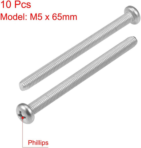 uxcell M5x65mm Machine Screws, Phillips Cross Pan Head Screw, 304 Stainless Steel Fasteners, 10Pcs