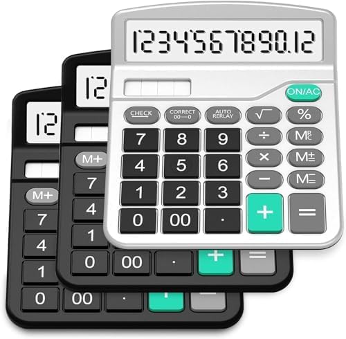 Calculator, 3 Pack Standard Desktop Solar and AA Battery Dual Power Electronic Calculator with 12-Digit Display