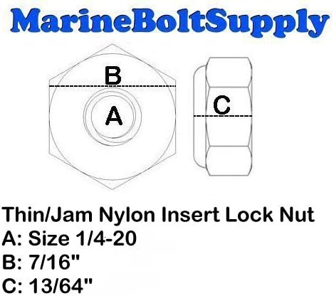 Stainless Steel Thin Jam Nylon Insert Lock Nuts 1/4-20, Pack of 50, Marine Bolt Supply