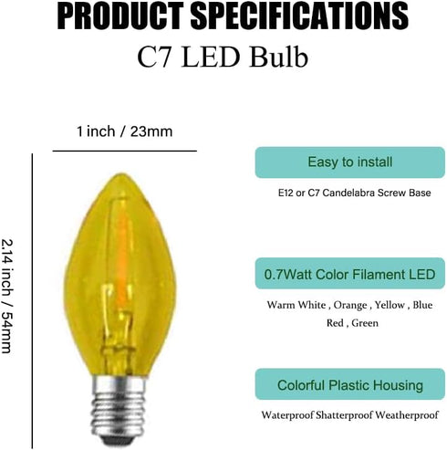 2 Pack C7 Bulbs,E12 Yellow LED Replacement Christmas Light Candelabra Base, Shatterproof Plastic, for Christmas Outdoor
