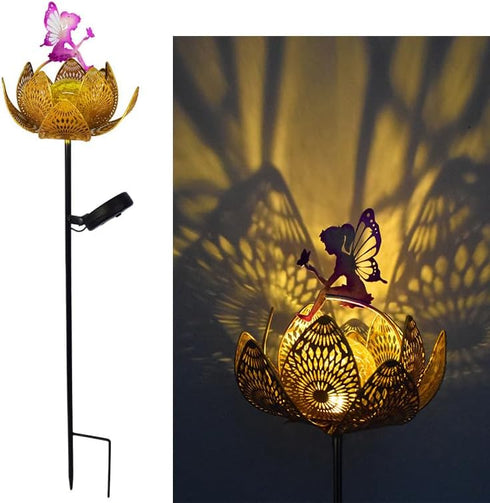 YZYOE Solar Lotus Fairy Floor lamp, Garden Decoration Wrought Iron Retro Cute elf