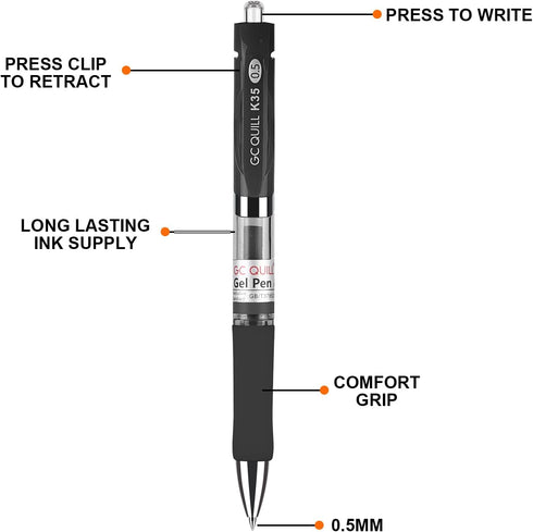 GC QUILL Gel Ink Pens, Premium Refillable & Retractable, 0.5mm Fine Point, 12 Black & 10 Blue Ink Pens