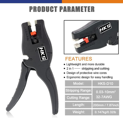 HKS Automatic 2 in 1 Wire Stripper Tool for 32-7 AWG Wire Stripping & Cutting, Length Range 0.25-1 inch - Suitable for Various Wires