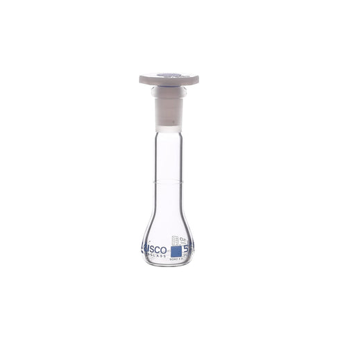 EISCO Volumetric Flask, 5ml - Class A - 10/19 Polyethylene Stopper, Borosilicate Glass - Blue Graduation, Tolerance ±0.025