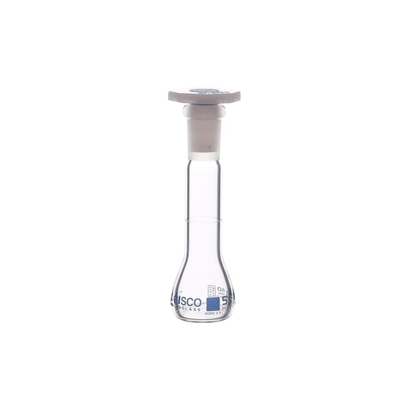 EISCO Volumetric Flask, 5ml - Class A - 10/19 Polyethylene Stopper, Borosilicate Glass - Blue Graduation, Tolerance ±0.025