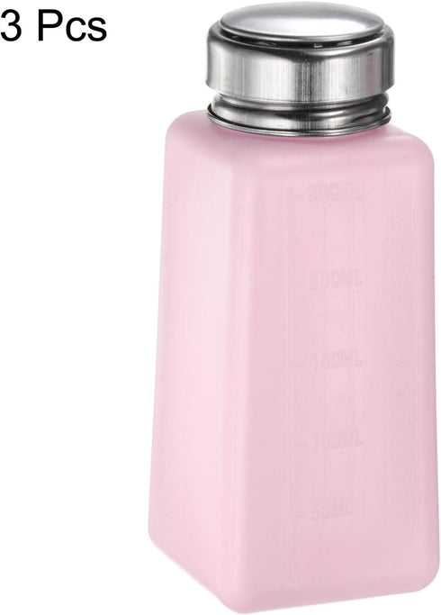 3pcs Solvent Alcohol Dispensers 250ml (8.5oz) Push Down Pump with Sealing Stainless Steel Lid, Pink