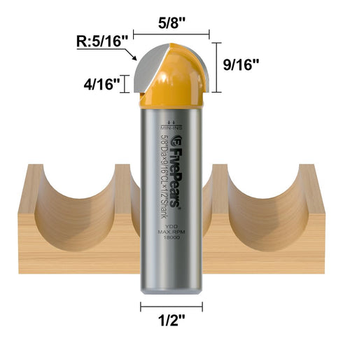 1/2 inch 5/8 inch 9/16 Fivepears Core Box Router Bit with Shank Cutting Diameter Cutting Length for DIY Woodwork