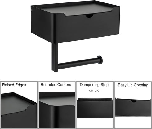 Toprema Matte Black Toilet Paper Holder Tissue Roll Hanger with Shelf Flushable Wipes Dispenser Storage Box Large