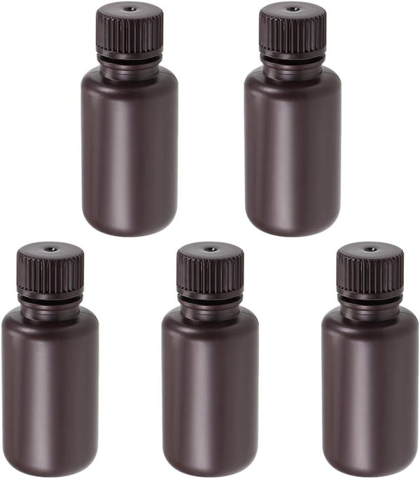 uxcell 50ml/1.7oz Plastic Lab Chemical Reagent Bottle, Small Mouth Liquid Storage Container, Brown 5pcs