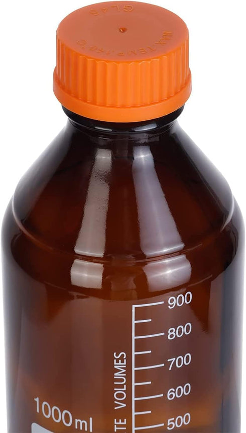 Lab Media Storage Amber Bottles, Brown Graduated Glass Container GL45 Screw Cap, Leakproof, Pack of 4, 1000ml