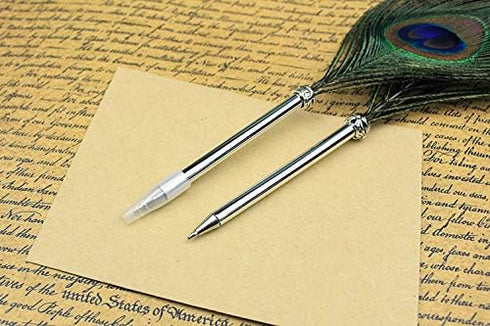 Peacock Feather Ballpoint Pens - Black Ink Natural Feather Quill Pen for Kids School Writing, Birthday Gift Pen