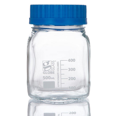 Globe Glass Square Media Bottle, Wide Mouth, 500mL, GL80 Screw Cap, 10/Box