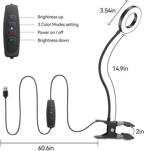LED Desk Lamp with Clip, 3 Color Modes, 10 Brightness Levels, 360 Flexible Gooseneck Light for Home Office