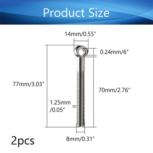 MroMax M8 x 70mm Machinery Shoulder Swing Lifting Eye Bolt, 2Pcs 304 Stainless Steel Metric Thread Lifting Eye Bolt for Home Renovation, Pipeline Gate Valves Fasteners, Silver