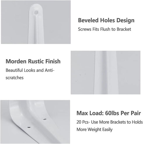 Eledom 20 Pack 8 Inches Shelf Brackets White, Heavy Duty Steel Metal L Brackets for Shelves, J Brackets Wall Angel