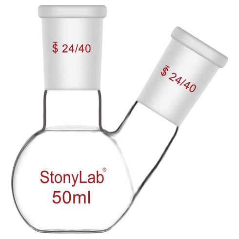 stonylab Heavy Wall Flat Bottom Flask FBF, 2-Neck Borosilicate Glass Boiling Flask, 50 ml, 24/40 Standard Joint