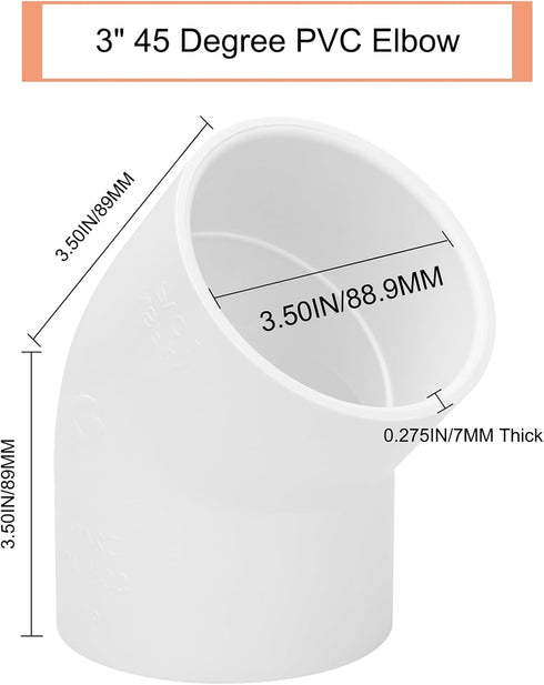 3" 45 Degree PVC Elbow Pipe Fitting Connector (Socket x Socket) Furniture Build Grade SCH40 3 Inch 45 Degree Elbow PVC Corner Adapter for Home Sewer Plumbing Water Line