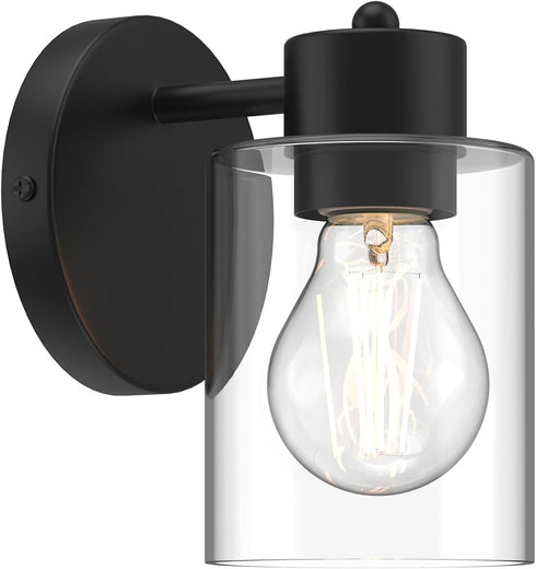 (E26 1pcs) Kalium Wall Sconces, Matte Black Vanity Light Fixtures, Indoor Wall Lights with Clear Glass Shade, Hardwired