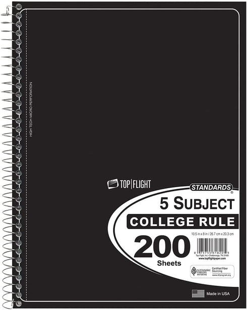 Top Flight 5-Subject Wirebound Notebook, 200 Sheets, College Rule, 10.5 x 8 Inches, Color May Vary