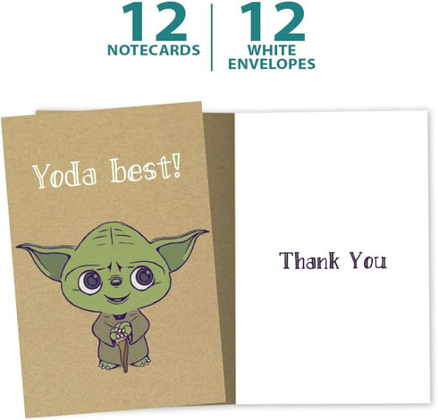 Tree-Free Greetings Yoda Best Thank You Cards - 12 Recycled 4x6 Cards & White Envelopes, USA Made
