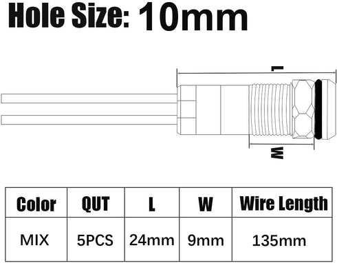 Gebildet 5pcs 10mm 12-24V AC/DC LED Metal Indicator Light Waterproof Signal Lamp Pilot Dash Directional Car Truck Boat