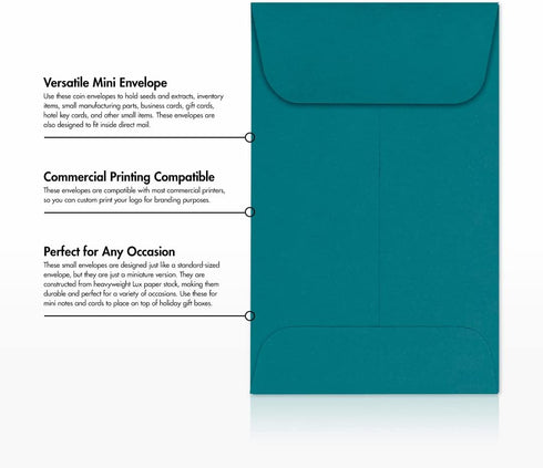 LUXPaper #1 Coin Envelopes, 2 1/4" x 3 1/2", Teal, 80lb Text, 50 Qty